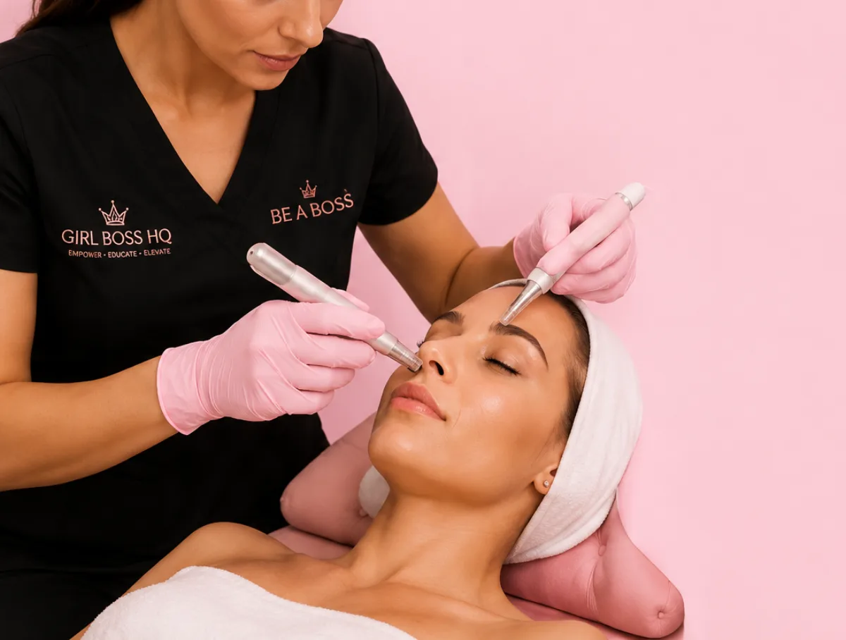 A practitioner in Girl Boss HQ scrubs treating a model reclined on a couch