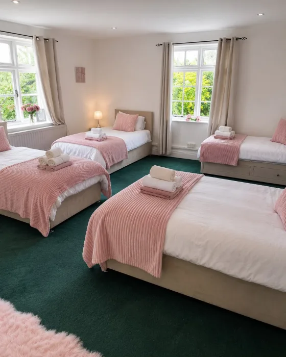 Four made-up beds in one bedroom, dark green carpet, a folded towel set on each bed