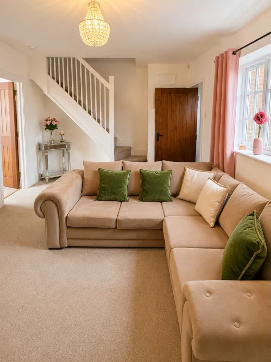 A corner sofa in a carpeted sitting room with a staircase running up behind it